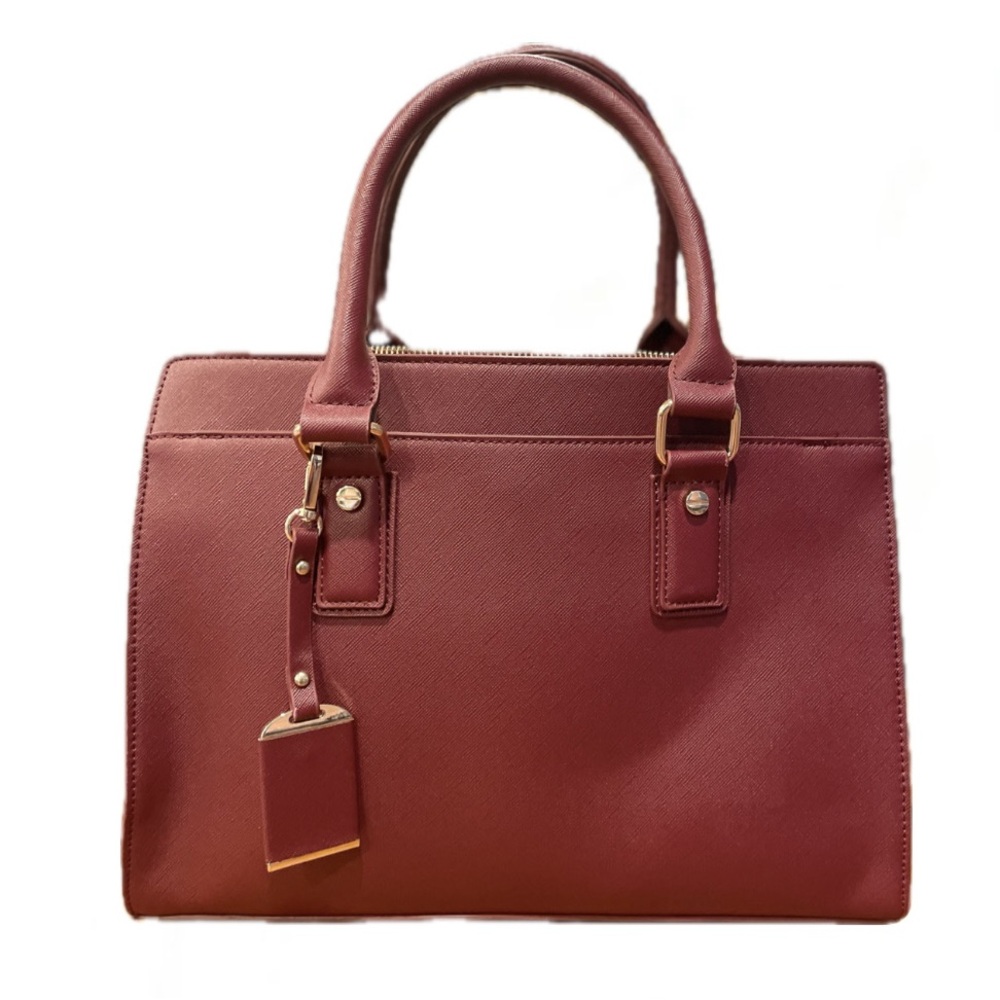 Burgundy Structured Satchel with Gold Accents